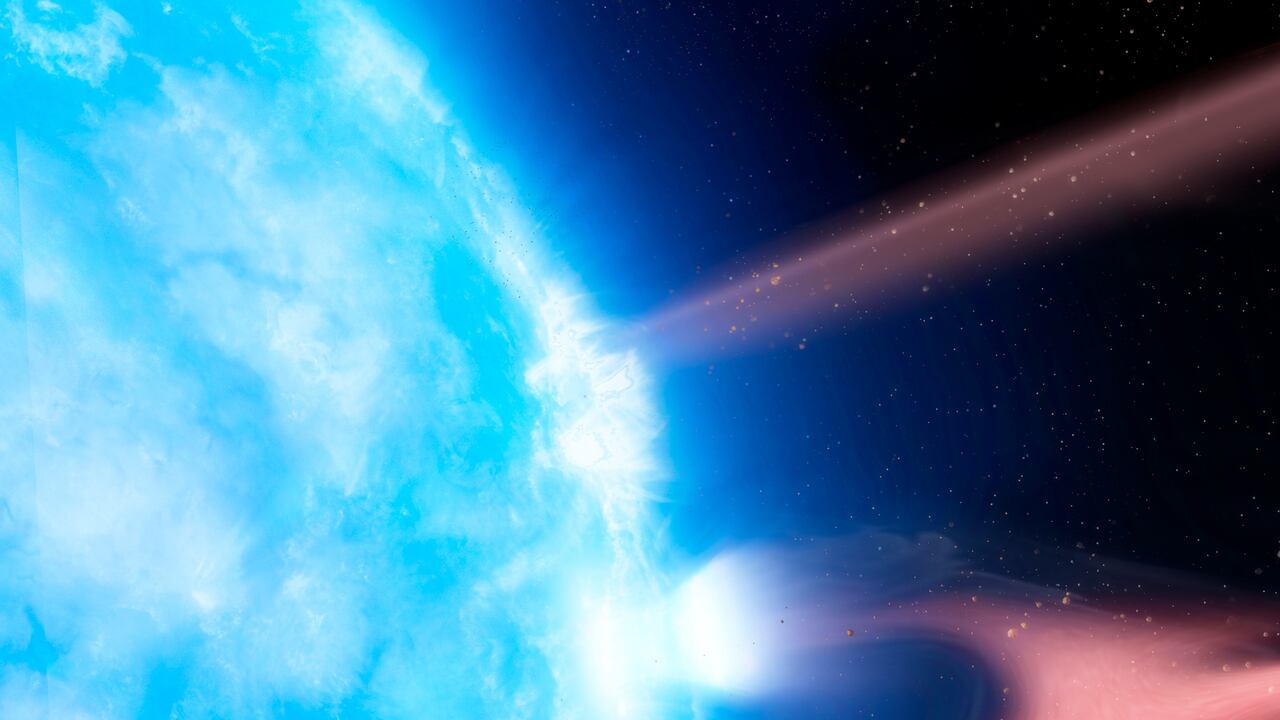 An impression of the high-mass X-ray binary called Cygnus X-1. It consists of a blue supergiant star (right) called HDE 226868, orbiting what is in all likelihood a black hole. The black hole is sucking gas from the blue star's atmosphere, leading to the formation of an accretion disc around the black hole.