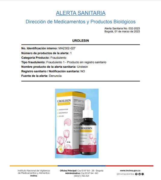 Alerta sanitaria del Invima por el medicamento Urolesin.