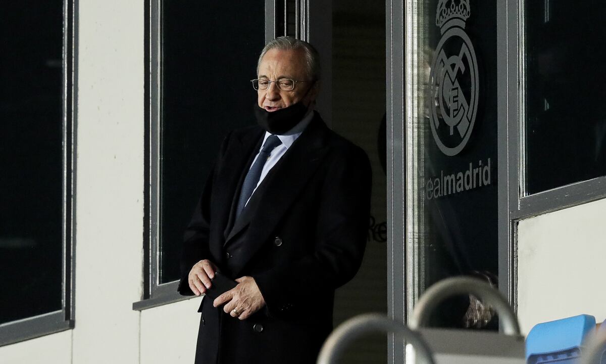 MADRID, SPAIN - MARCH 16: President Florentino Perez of Real Madrid during the UEFA Champions League match between Real Madrid v Atalanta Bergamo at the Estadio Alfredo Di Stefano on March 16, 2021 in Madrid Spain (Photo by Getty Images/David S. Bustamante/Soccrates)