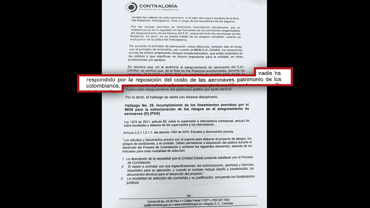 La Contraloría hizo duros reproches al Ejército por cuenta de que en las vigencias 2018-2024 hubo pérdida total de aeronaves accidentadas y no hubo reposición, causando daño al patrimonio.