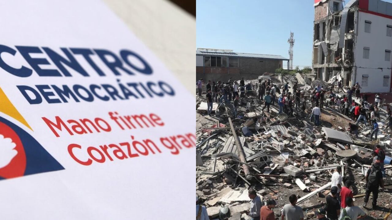 Logo del Centro Democrático y una imagen del terremoto en Colombia.