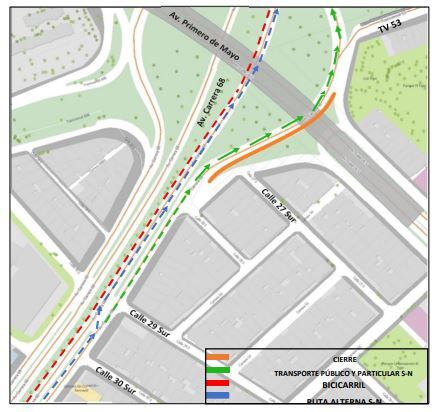 La Secretaría de Movilidad autorizó el cierre del carril oriental de la calzada lenta en sentido Sur - Norte de la av. Carrera 68 entre la calle 27 sur y la transversal 53.