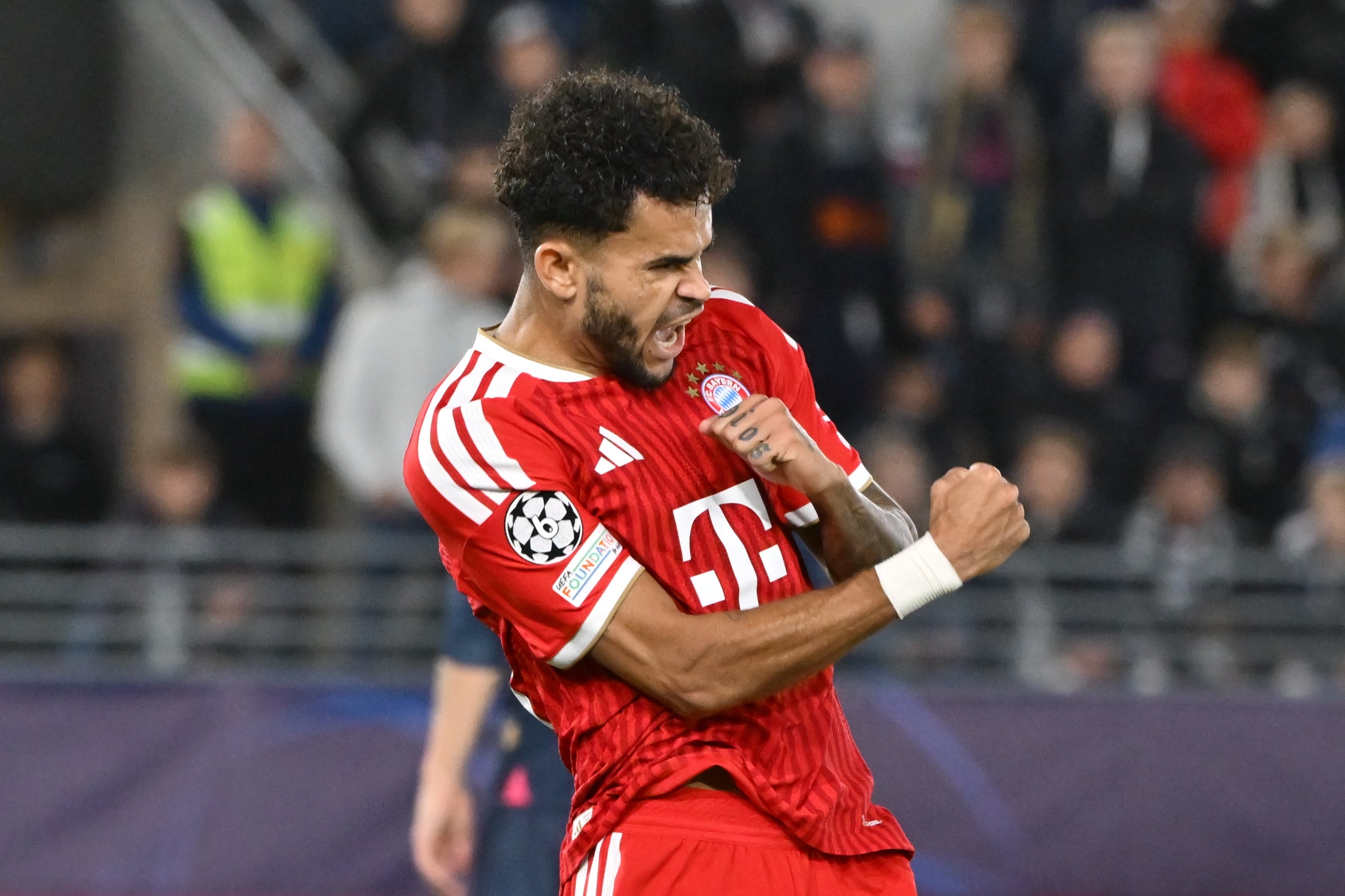 13 October 2026, Norway, Stavanger: Soccer, Men: Champions League, Viking Stavanger vs. Bayern Munich, group stage, Matchday 2, at Lyse Arena. Luis Diaz (FC Bayern Munich) celebrates his goal to tie the game at 2-2. Photo: Peter Kneffel/dpa (Photo by Peter Kneffel/picture alliance via Getty Images)