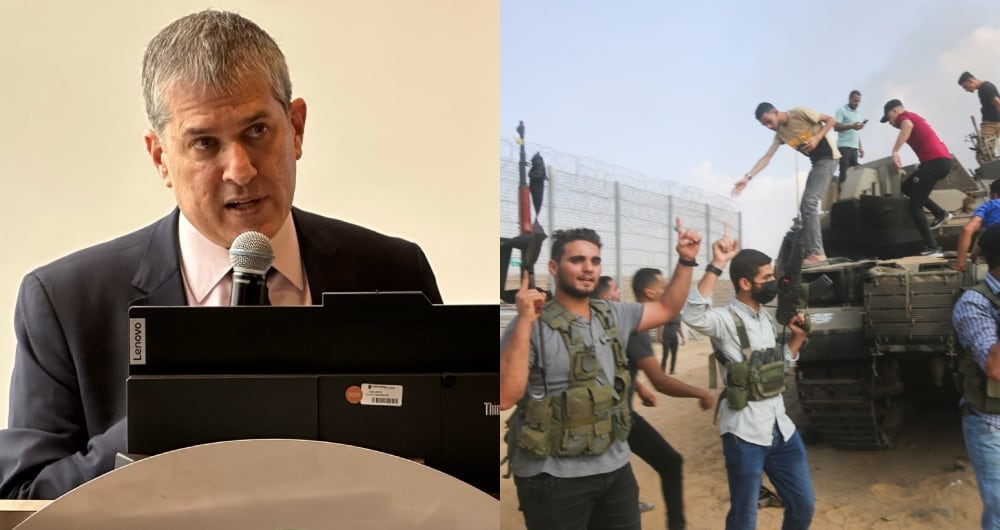 De izquierda a derecha: Gali Dagan, embajador de Israel en Colombia, y parte de lo ocurrido en ese país este sábado, 7 de octubre.