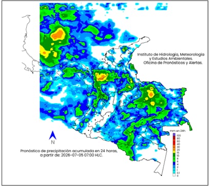Mapa climatológico para el domingo 5 de julio en Colombia.