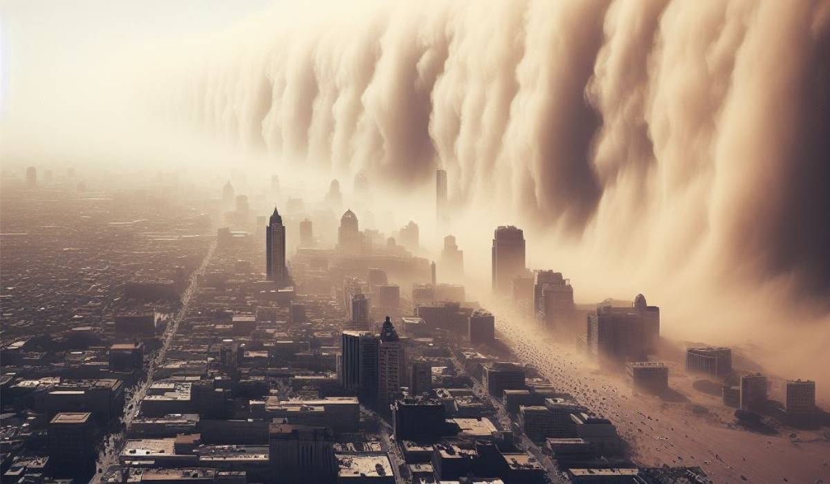 Ilustración, generada con IA, de una tormenta de polvo que cubre a una ciudad