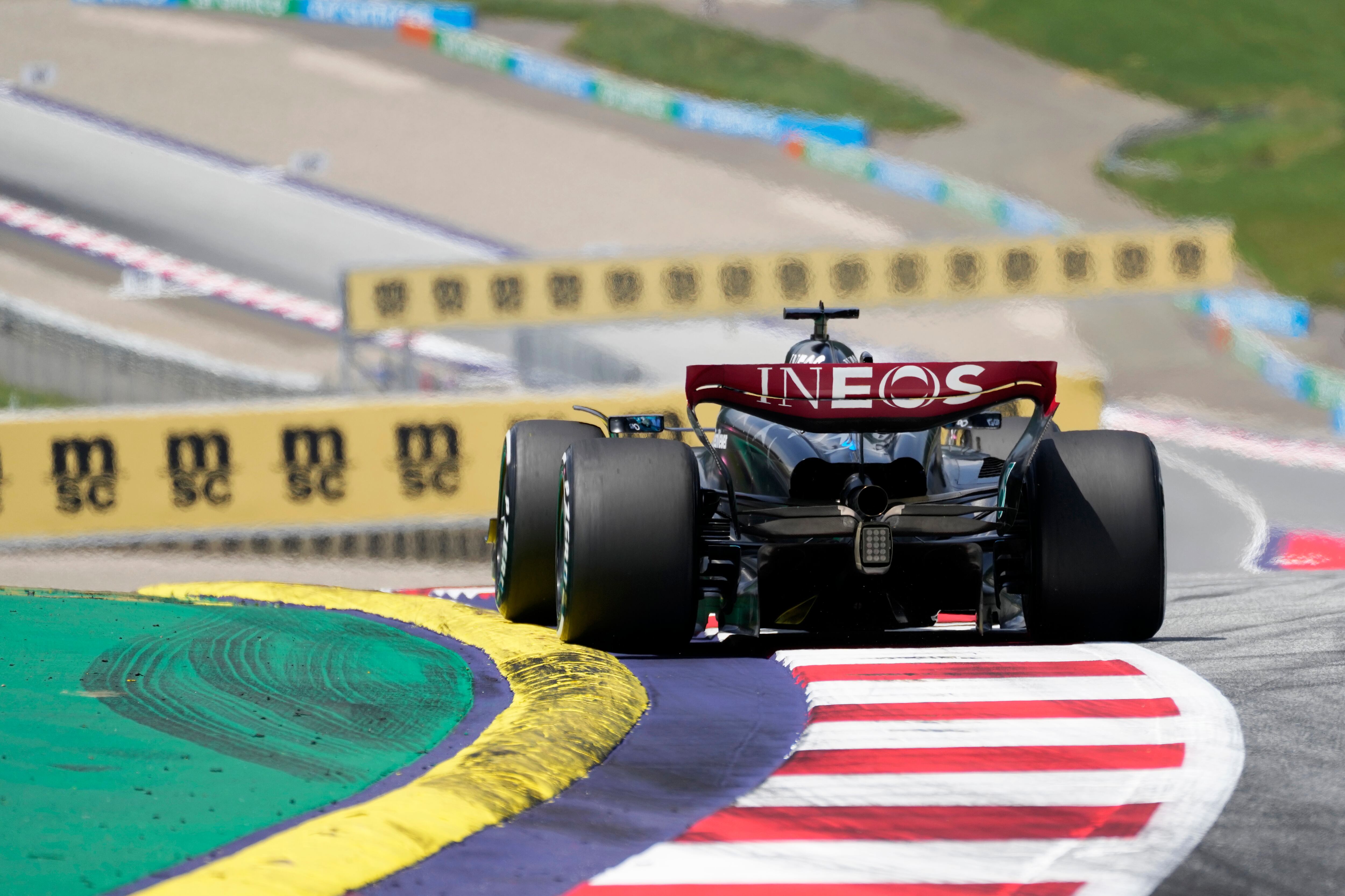 Mercedes driver George Russell of Britain steers his car during the first practice session ahead of Sunday's Formula One Austrian Grand Prix auto race, at the Red Bull Ring racetrack, in Spielberg, Austria, Friday, June 30, 2023. (AP Photo/Darko Bandic)