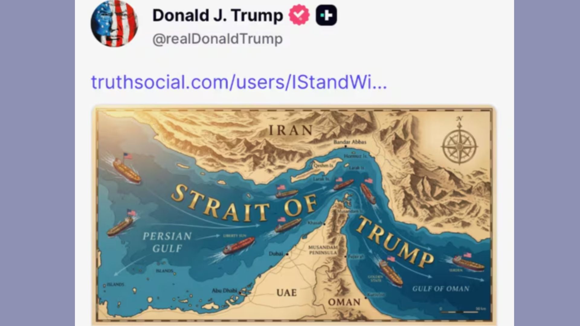 Imagen del estrecho de Ormuz, zona estratégica del comercio mundial, tras la polémica propuesta de renombrarlo en medio de la crisis entre Estados Unidos e Irán.