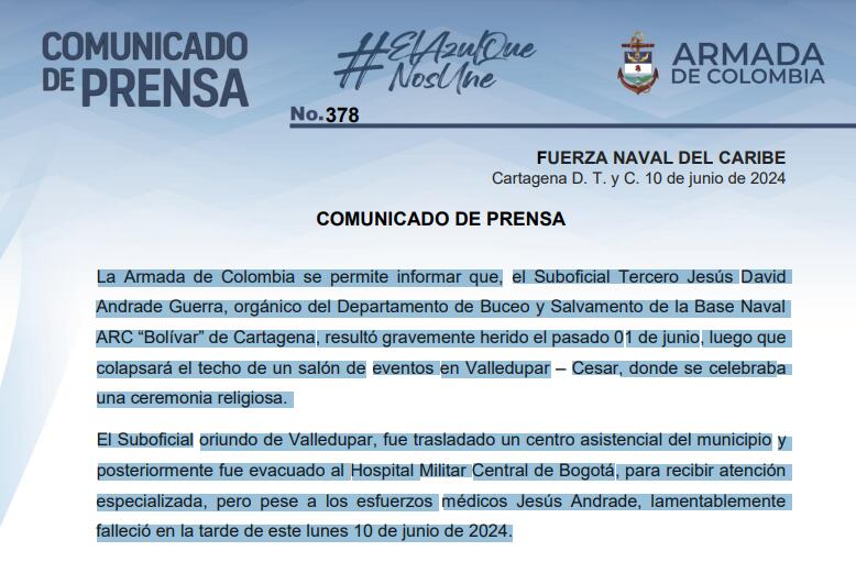 La Armada confirmó el fallecimiento de uno de sus hombres durante la fiesta de matrimonio de su hermano en Valledupar.