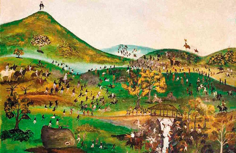 Batalla de Boyacá: Marco Tulio Villalobos, quien se había desempeñado como arquero en el equipo América de Cali, se inició como pintor de manera tardía en 1963. Su mirada a la historia se configura en pinturas catalogadas como naíf por la crítica, que demuestran su emoción ante los temas históricos. Marco Tulio Villalobos, óleo sobre lienzo, 1970.