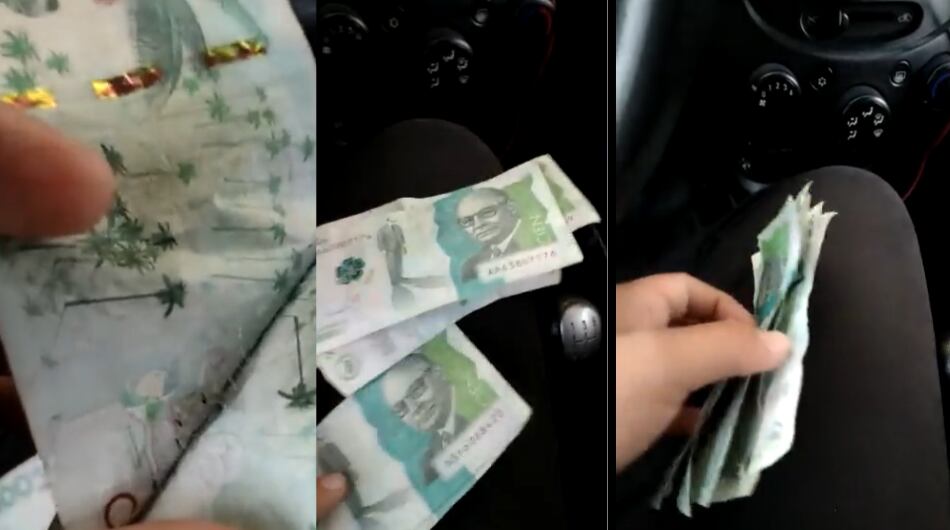 Billetes con pegamento que salieron de un cajero en Medellín.