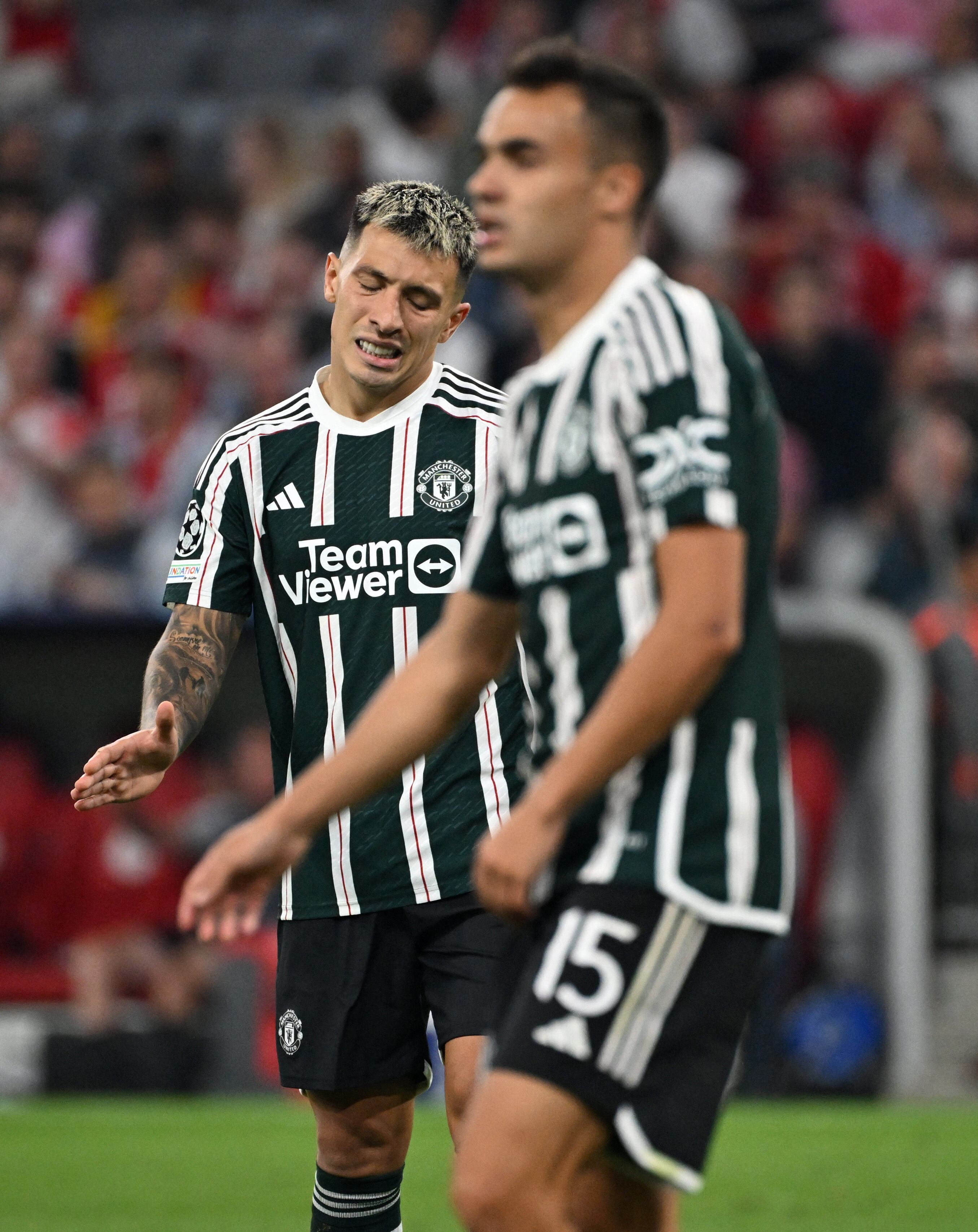 Soccer Football - Champions League - Group A - Bayern Munich v Manchester United - Allianz Arena, Munich, Germany - September 20, 2023 Manchester United's Lisandro Martinez reacts REUTERS/Angelika Warmuth