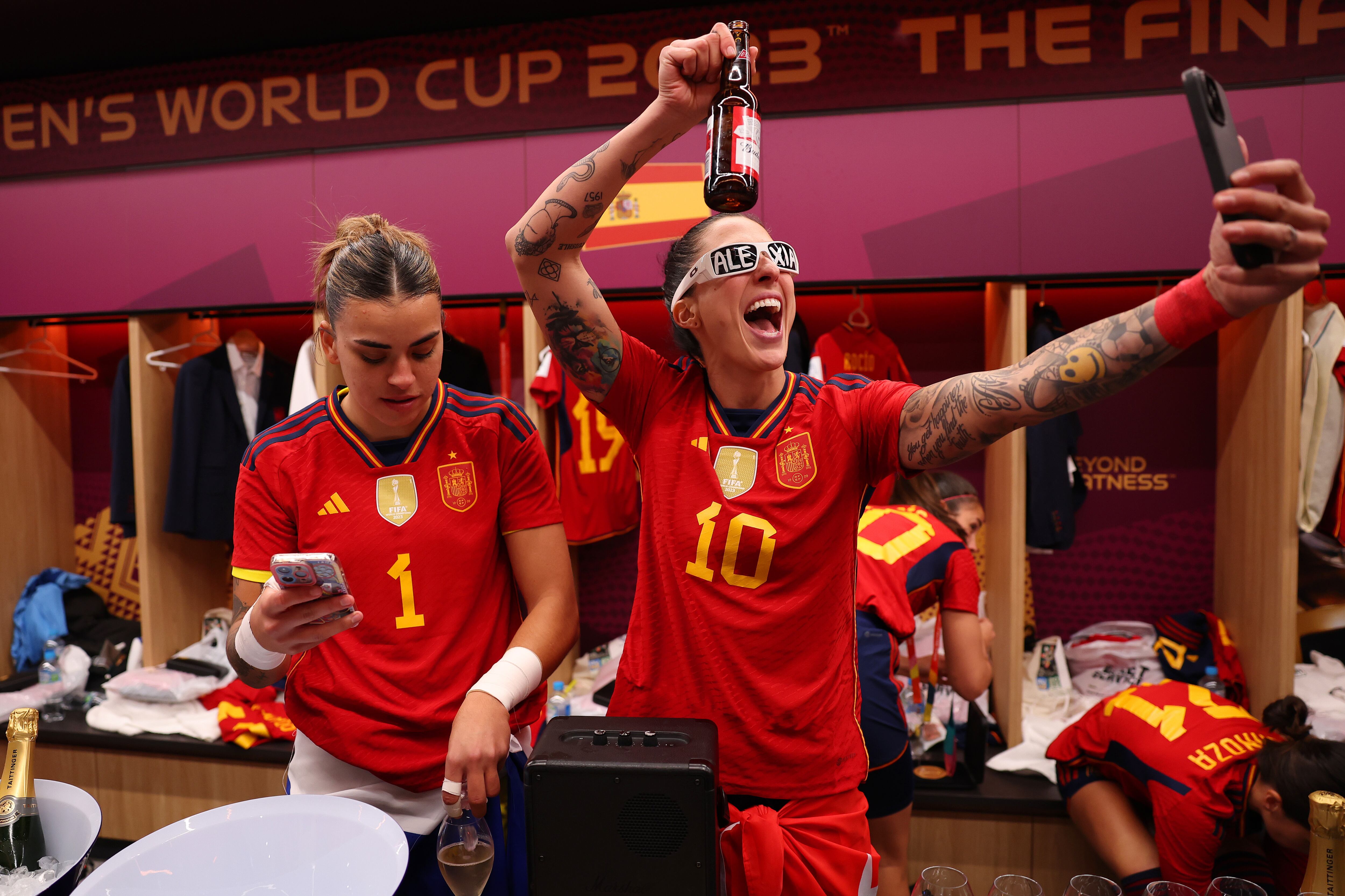 SYDNEY, AUSTRALIA - AUGUST 20: Misa Rodriguez and Jennifer Hermoso of Spain celebrate after the team's victory in the dressing room following the FIFA Women's World Cup Australia & New Zealand 2023 Final match between Spain and England at Stadium Australia on August 20, 2023 in Sydney / Gadigal, Australia. (Photo by Maja Hitij - FIFA/FIFA via Getty Images)