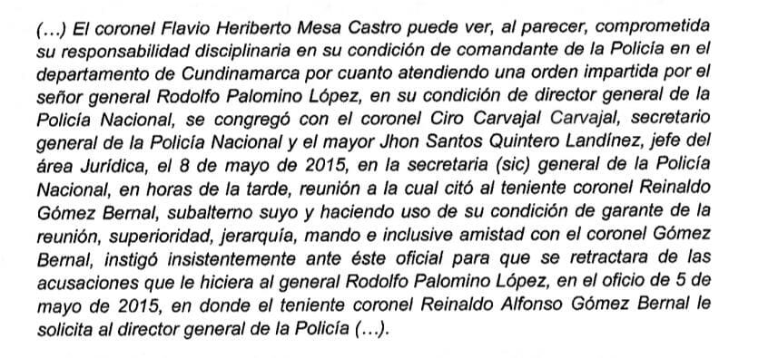 Fragmento proceso en Procuraduría contra el general (r) Rodolfo Palomino