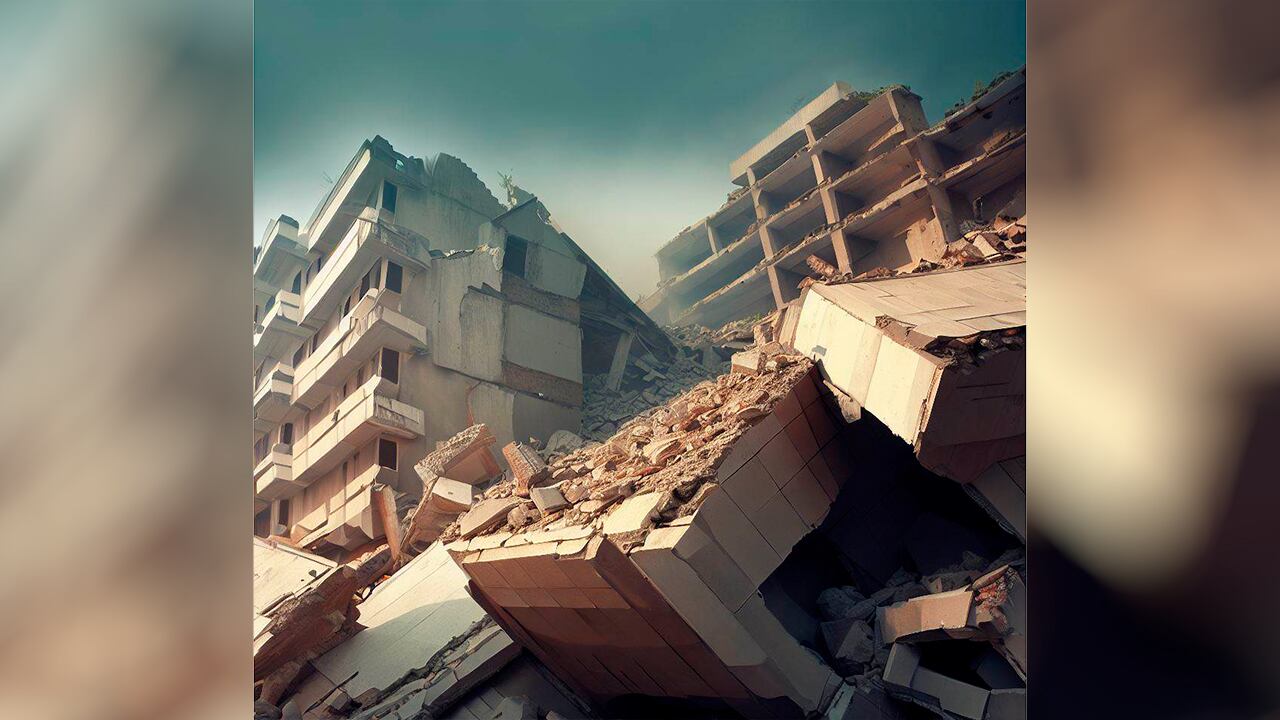 Ilustración generada por IA de edificios derrumbados.