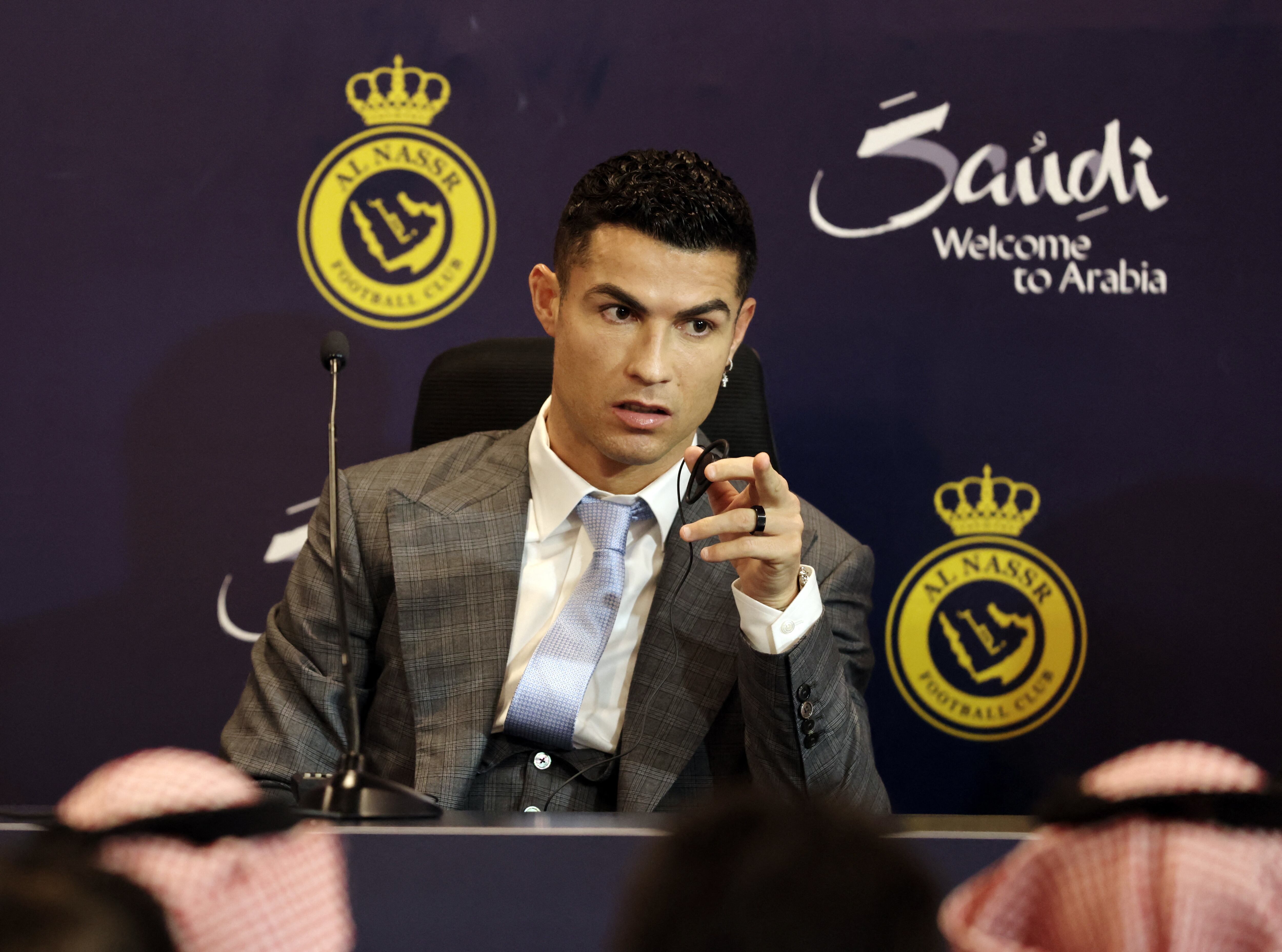 Soccer Football - Al Nassr unveil new signing Cristiano Ronaldo - Mrsool Park, Riyadh, Saudi Arabia - January 3, 2023  New Al Nassr signing Cristiano Ronaldo during the press conference REUTERS/Ahmed Yosri