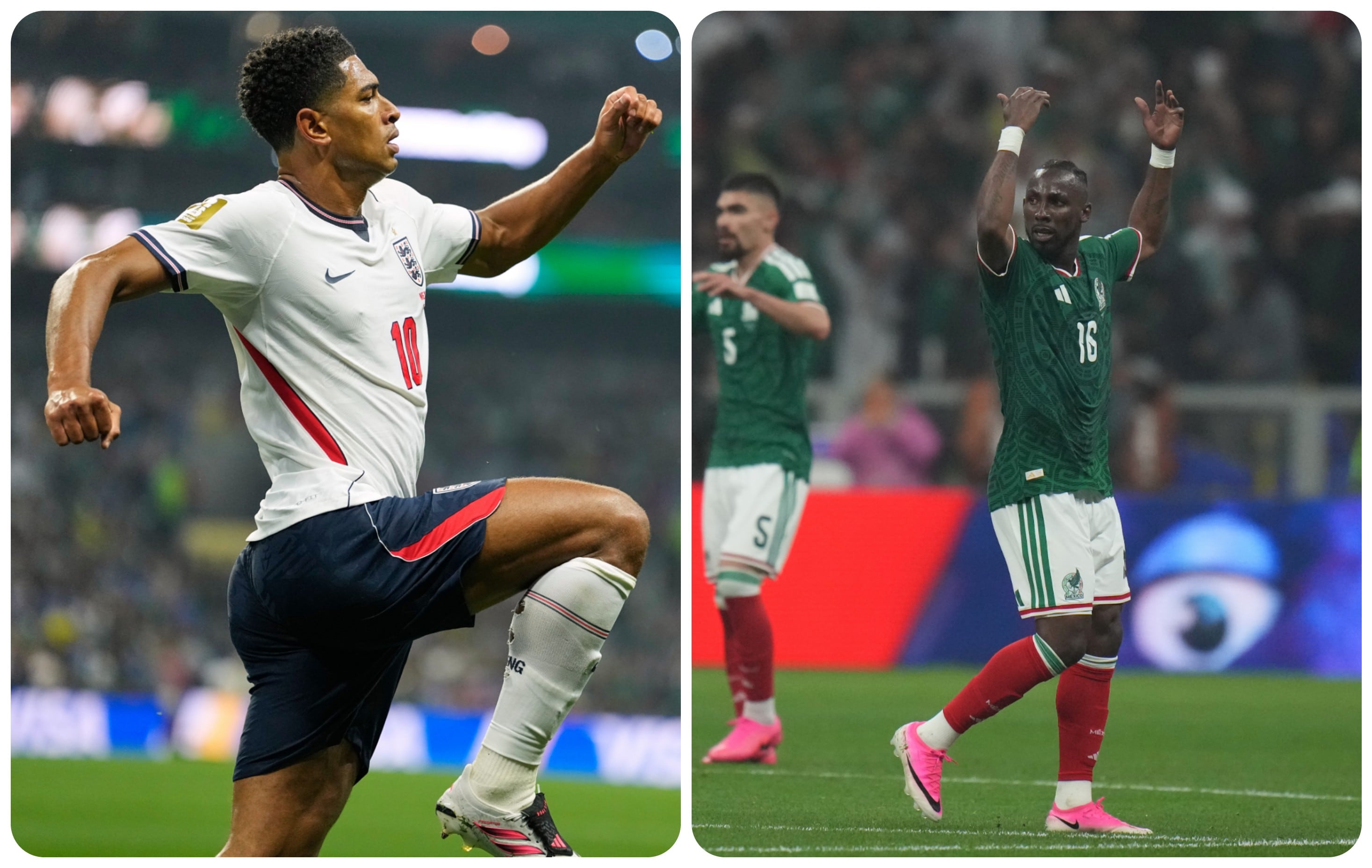 Jude Bellingham (dre.) y Julián Quiñones anotaron en el encuentro entre México e Inglaterra.