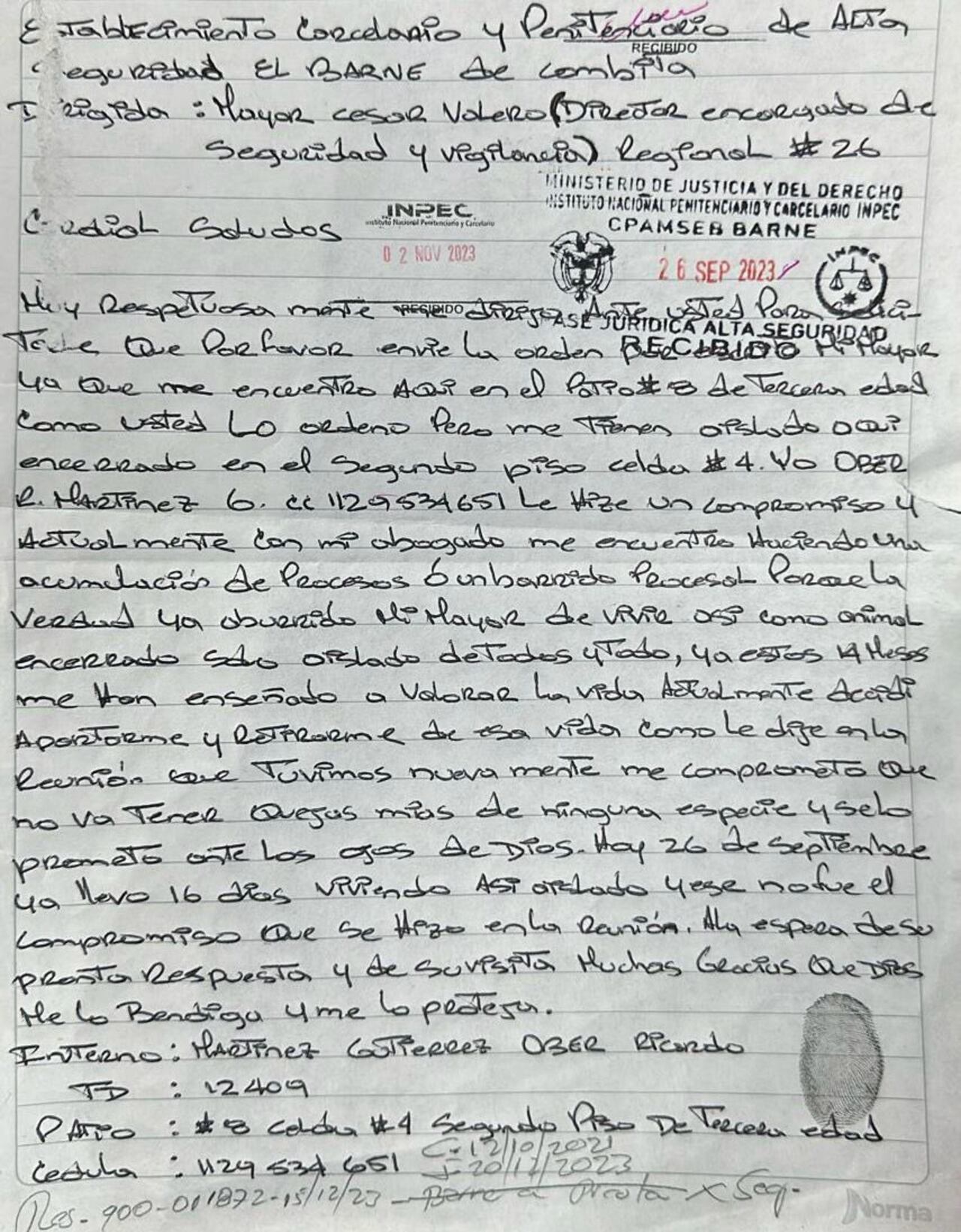 Esta es la carta enviada por el 'Negro Ober' a la subdirección del Inpec.