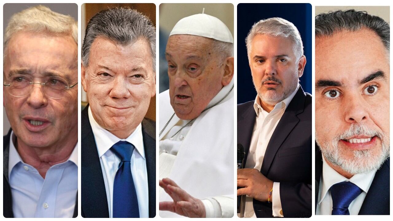 Los expresidentes Álvaro Uribe, Juan Manuel Santos, Iván Duque, el ministro Armando Benedetti y el Papa Francisco.