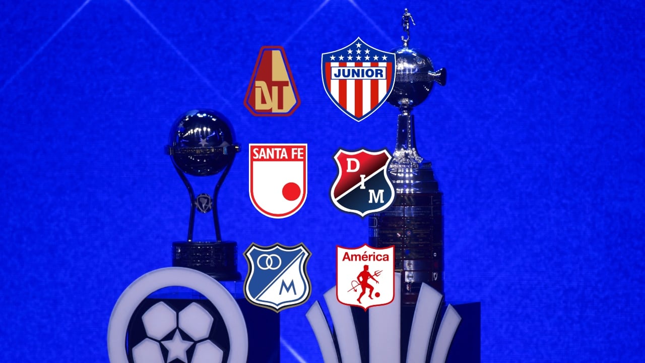 Escudos de clubes colombianos y trofeos de Libertadores y Sudamericana.