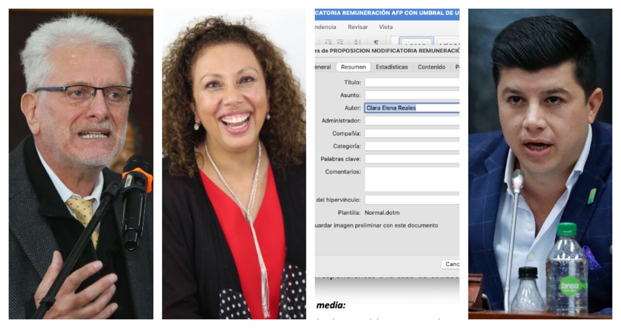 De izquierda a derecha: Santiago Montenegro, presidente de Asofondos; Clara Elena Reales, vicepresidenta jurídica de Asofondos; metadata de la proposición; y el senador Gustavo Moreno