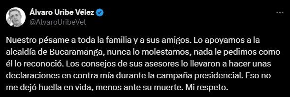 El expresidente Álvaro Uribe lamentó la muerte del excandidato a la Presidencia Rodolfo Hernández.