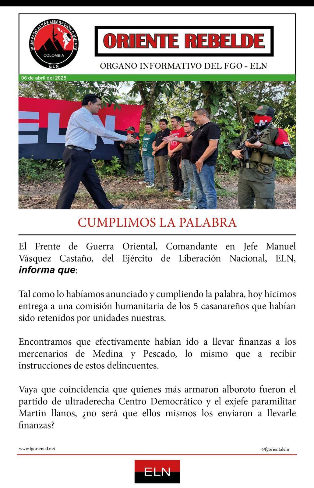 Comunicado del frente de guerra oriental del ELN, tras la liberación de 5 ganaderos en Arauca.