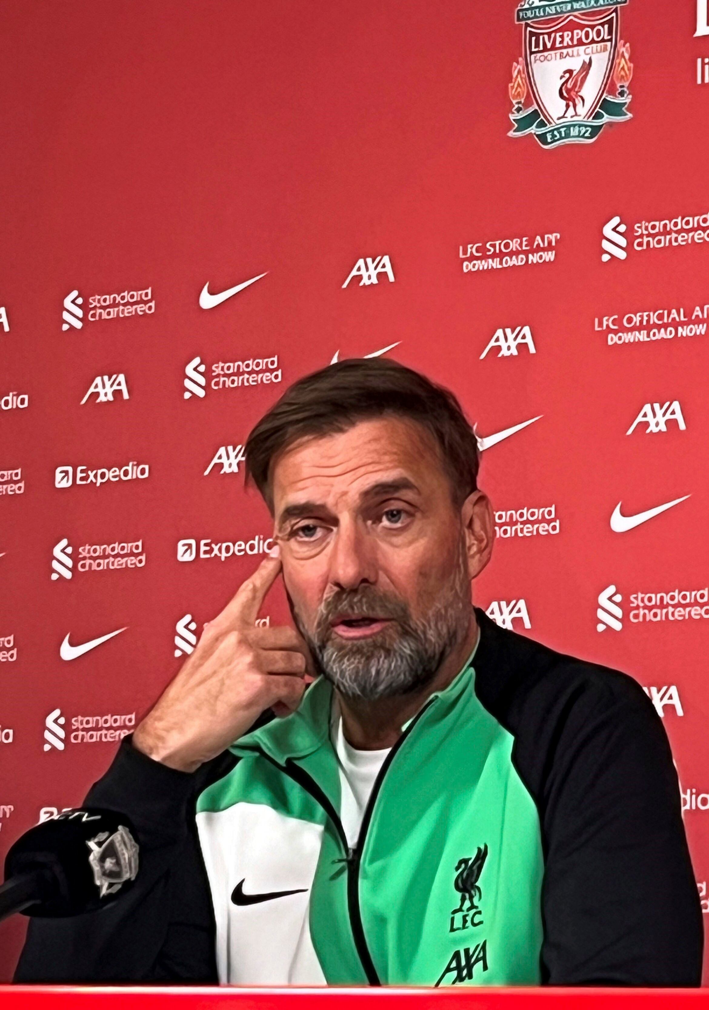Liverpool's manager Jurgen Klopp attends a news conference at the AXA Training Centre, Liverpool, England, Friday January 26, 2024. Jurgen Klopp announced Friday Jan. 26, 2024, he will step down as Liverpool manager at end of this season. (Carl Markham/PA via AP)