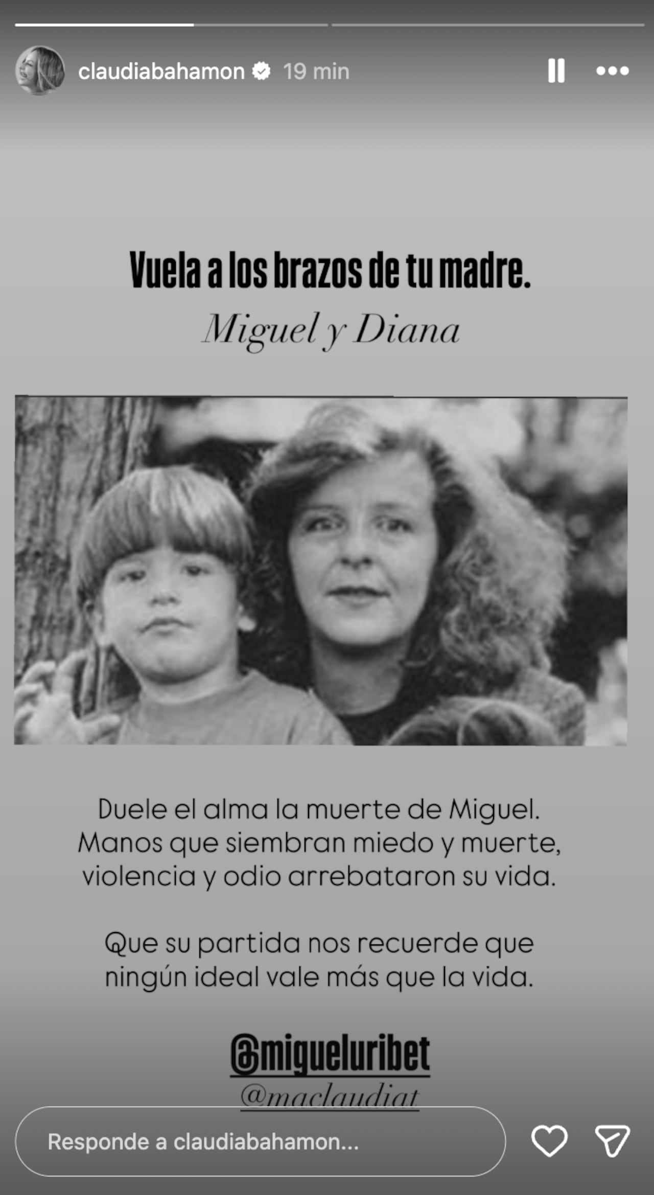 Claudia Bahamón reaccionó a la muerte de Miguel Uribe Turbay.