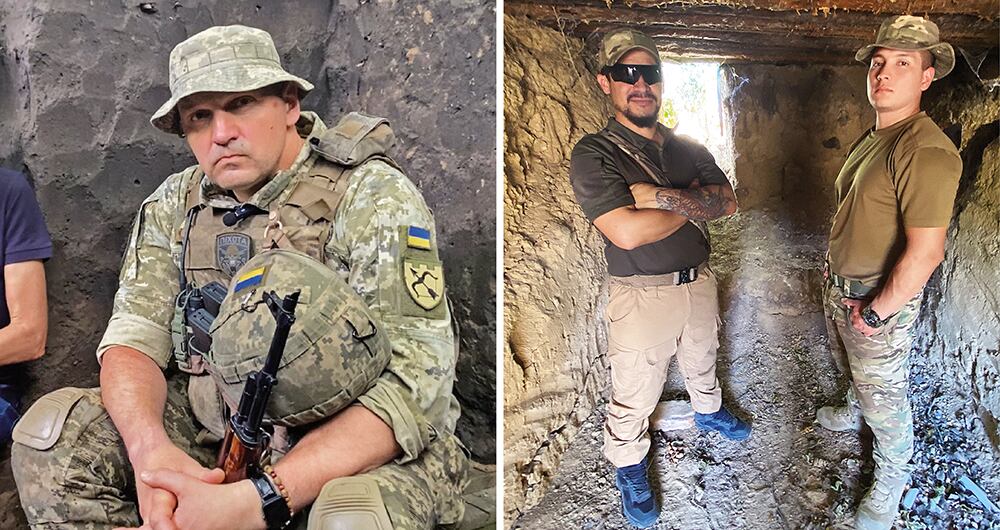    Ruslan Pikhita, de 53 años, pelea en el frente. Los colombianos Álex (izquierda) y Andrés se alistaron para defender a Ucrania.