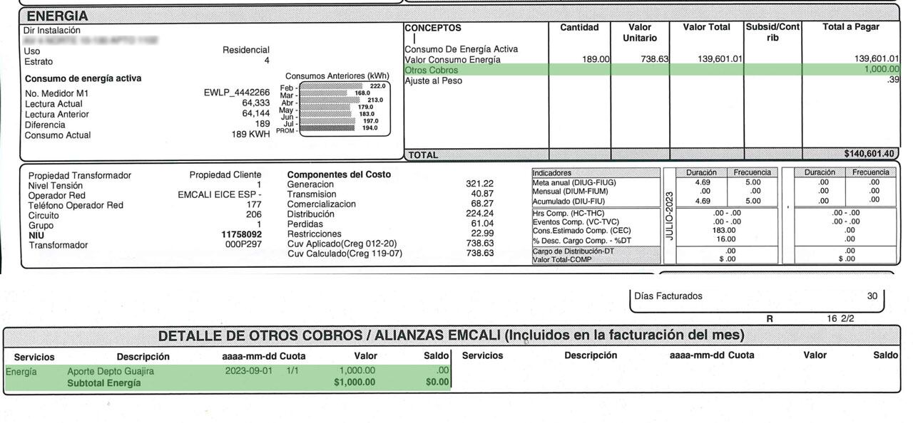 En el bloque inferior de la factura, donde se hace el detalle de 'Otros cobros', los usuarios deben comprobar que diga 'Aporte Depto Guajira'.