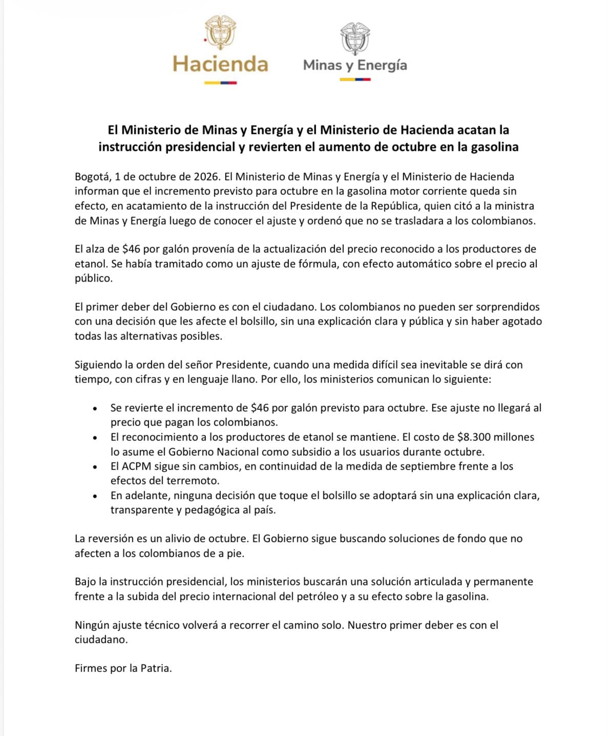 Comunicado oficial del Gobierno nacional