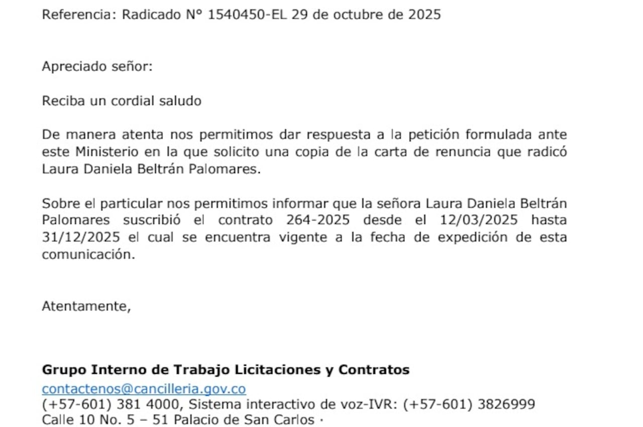 Respuesta Cancillería contrato Lalis.