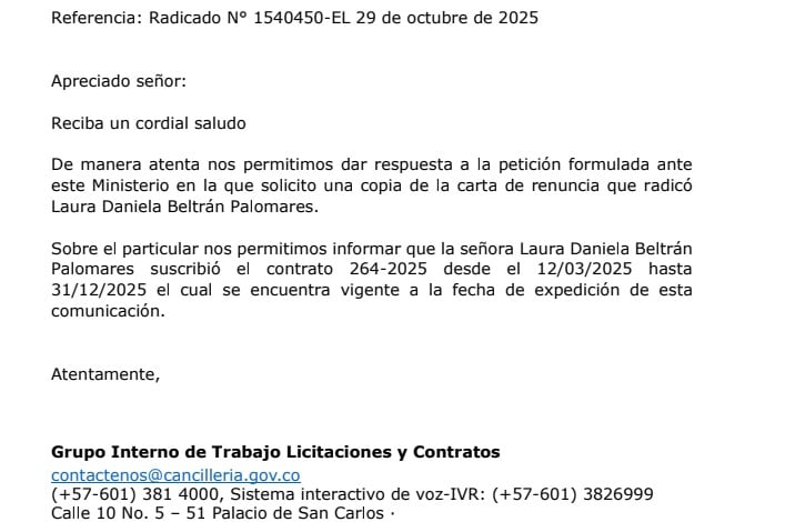 Respuesta Cancillería contrato Lalis.