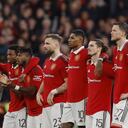 Soccer Football - FA Cup - Semi Final - Brighton & Hove Albion v Manchester United - Wembley Stadium, London, Britain - April 23, 2023 Manchester United's Wout Weghorst, Marcel Sabitzer, Marcus Rashford, Luke Shaw, Fred, Tyrell Malacia, Victor Lindelof and Casemiro during the penalty shootout Action Images via Reuters/Andrew Couldridge