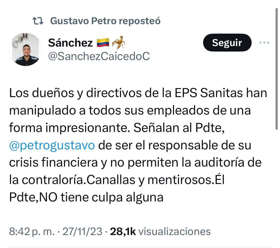 El presidente Petro respondió sosteniéndose en sus argumentos, retuiteando en su red social de X una publicación de un usuario en el que los trata de “canallas y mentirosos” además de acusarlos de “manipular a sus empleados”.