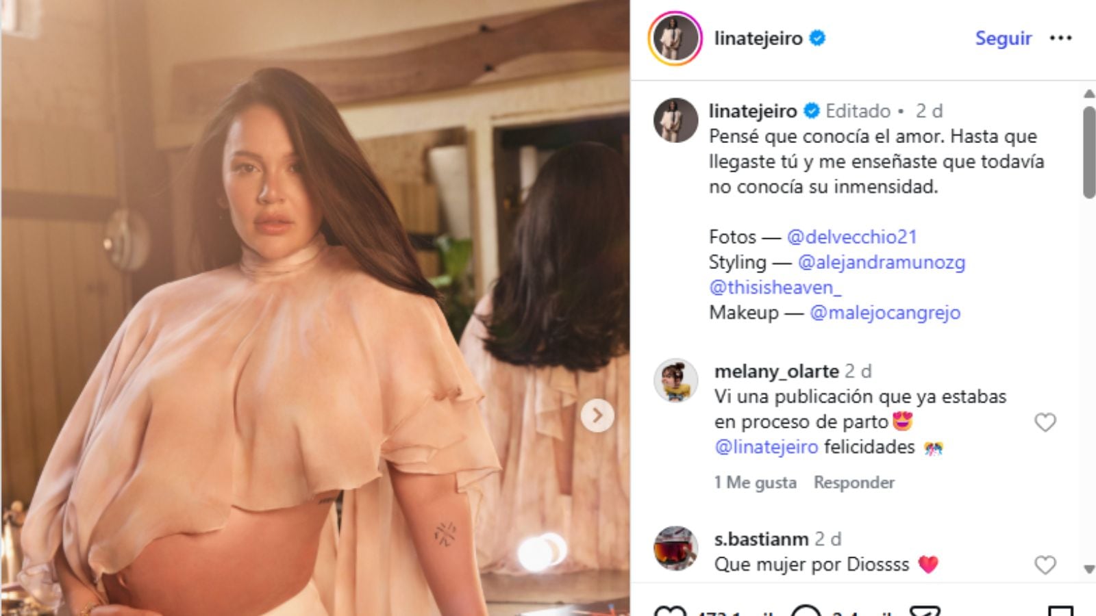 Lina Tejeiro compartió con sus seguidores distintos momentos de su embarazo, desde las primeras imágenes de su pancita hasta fotografías y experiencias de esta nueva etapa de su vida.