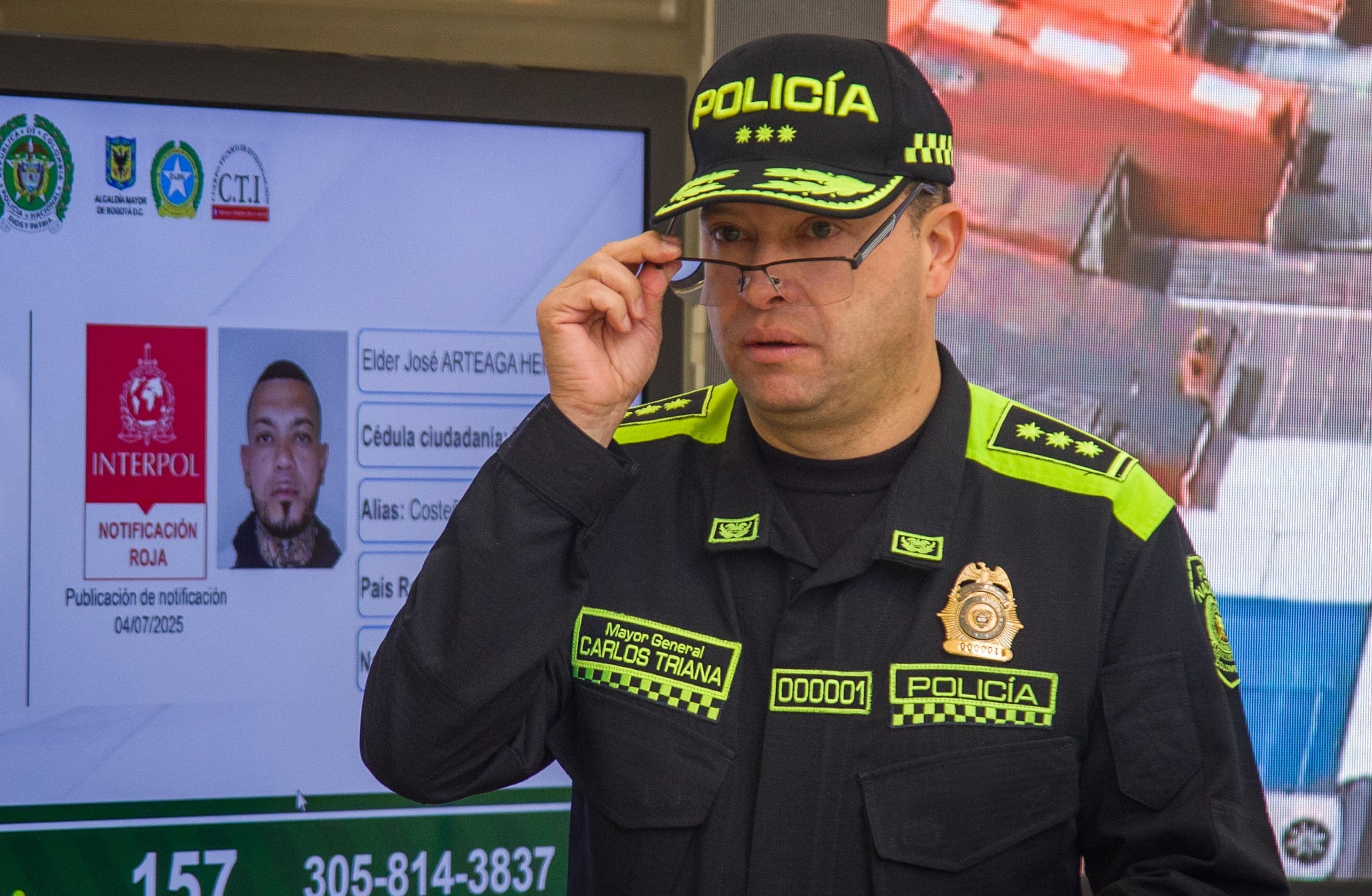 Bogotá. Julio 05 de 2025. El director general de la Policía Nacional, Carlos Fernando Triana, ofreció una rueda de prensa en la que se dieron a conocer detalles sobre la captura de alias ‘El Costeño’, presunto autor intelectual del atentado contra el senador Miguel Uribe Turbay