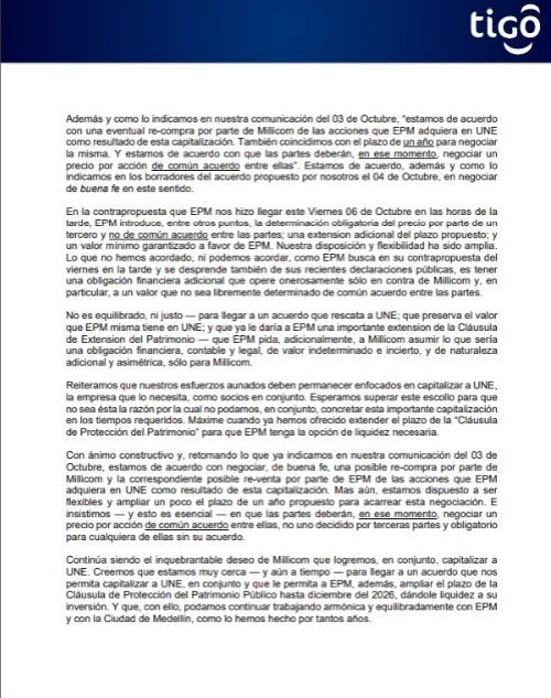 Carta de Millicom a EPM