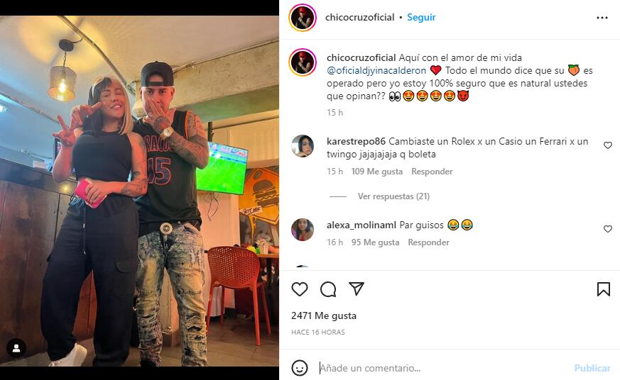 Comentarios en la publicación de Chico Cruz junto a Yina Calderón.