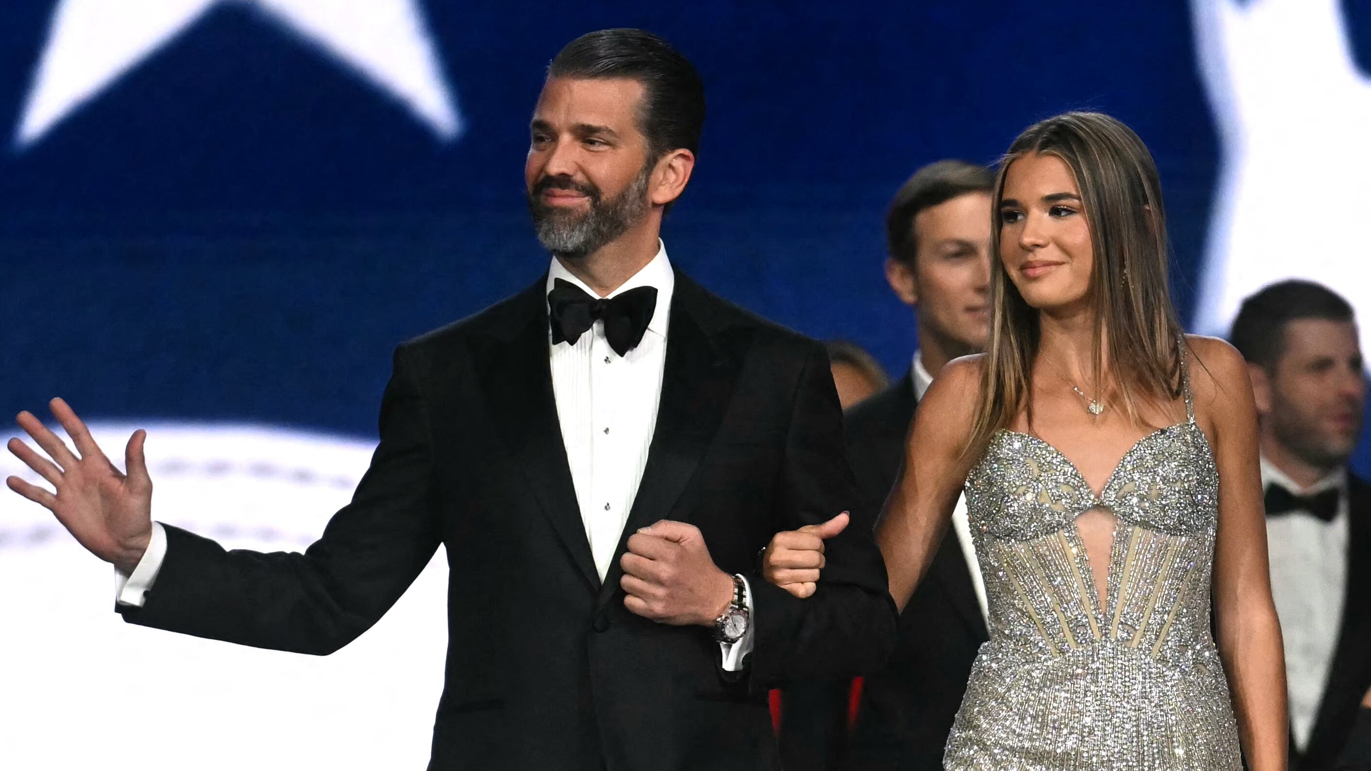 Sons of US President Donald Trump Eric Trump (2nd R) and son Donald Trump Jr. (L), his daughter Ivanka Trump (R) and granddaughter Kai Madison Trump attend the Liberty inaugural ball in Washington, DC, on January 20, 2025. (Photo by Jim WATSON / AFP)