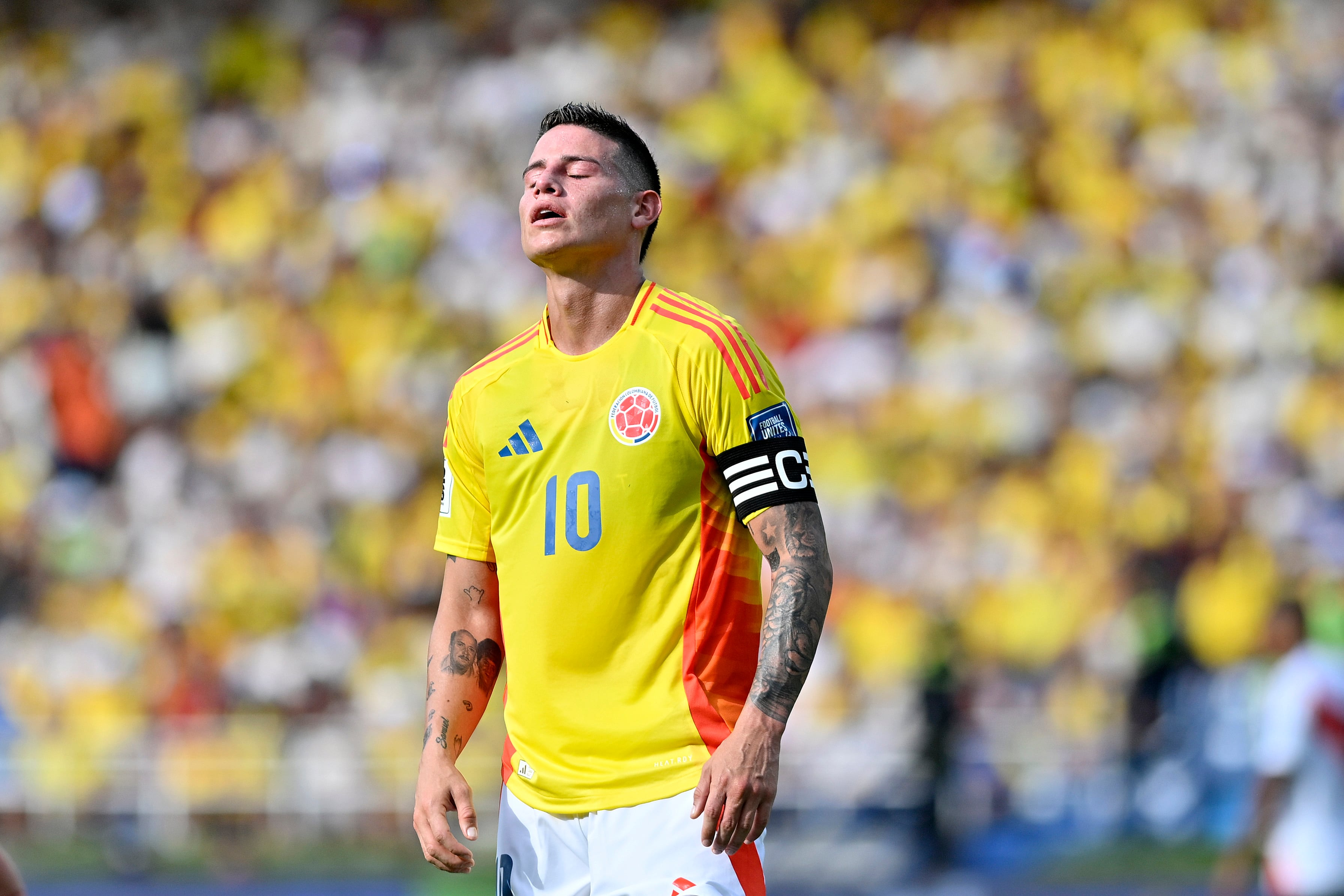 BARRANQUILLA, COLOMBIA - JUNE 06: James Rodriguez of Colombia reacts during the FIFA World Cup 2026 South American Qualifier match between Colombia and Peru at Roberto Melendez Metropolitan Stadium on June 06, 2025 in Barranquilla, Colombia. (Photo by Gabriel Aponte/Getty Images)