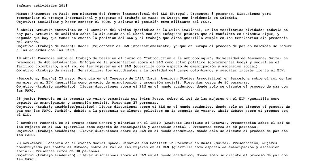 En este documento, Uriel hizo una bitácora sobre las actividades del ELN en Europa, Estados Unidos, Canadá, Cuba y Colombia entre 2018 y 2019. 