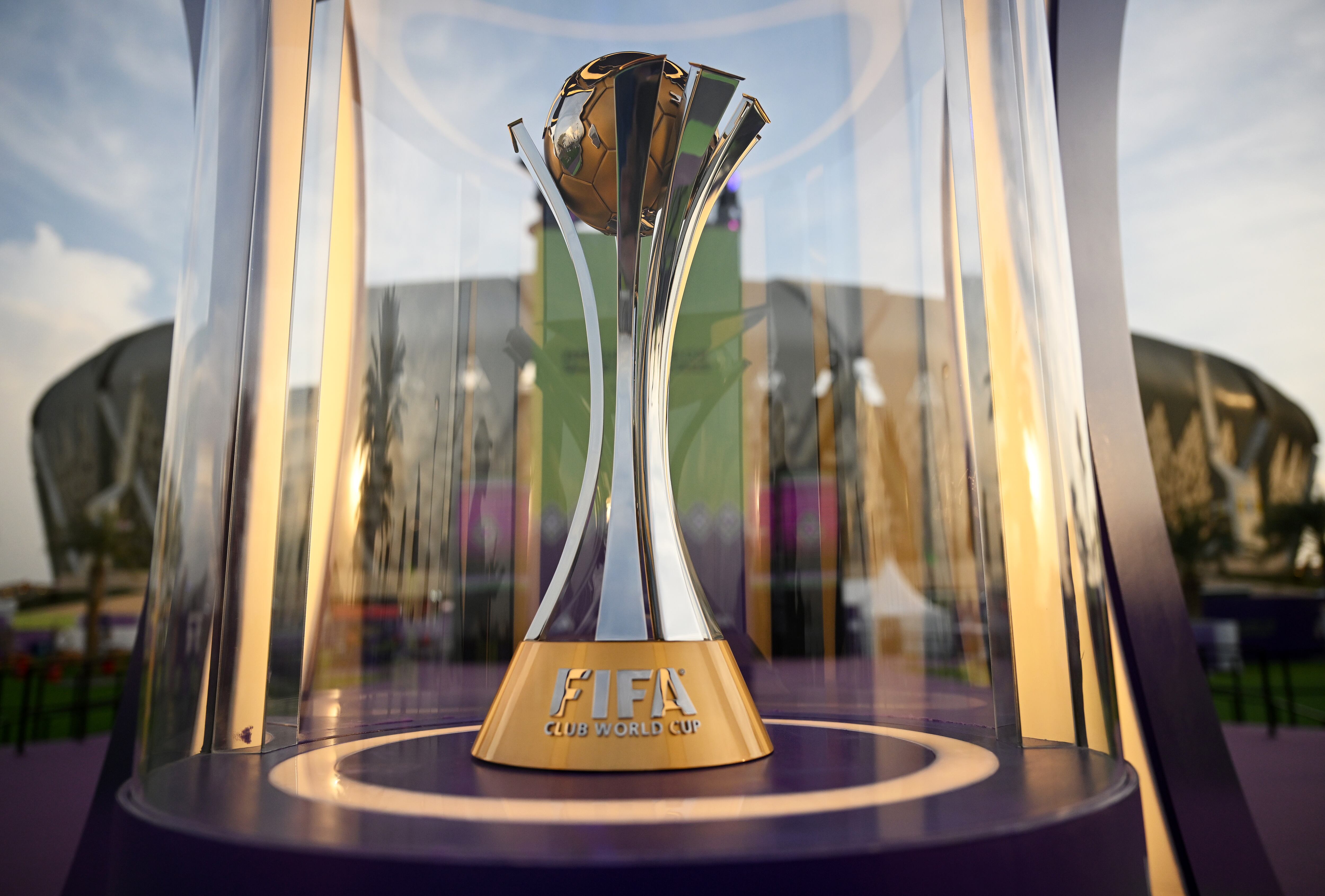 JEDDAH, SAUDI ARABIA - DECEMBER 12: A general view of the FIFA Club World Cup winners trophy outside the stadium prior to the FIFA Club World Cup match between Al Ittihad FC and Auckland City FC at King Abdullah Sports City on December 12, 2023 in Jeddah, Saudi Arabia. (Photo by Tullio Puglia - FIFA/FIFA via Getty Images)