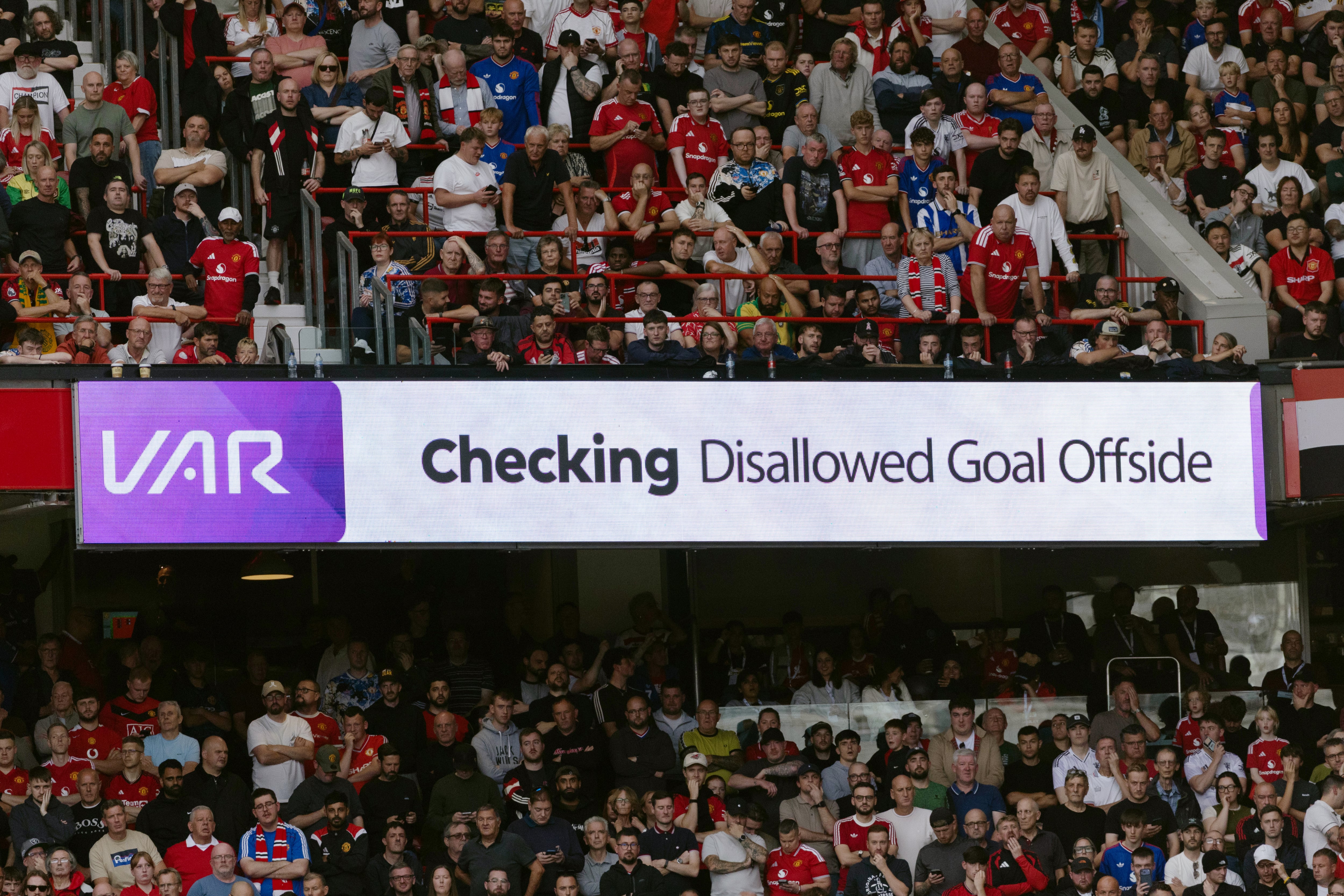 MANCHESTER, ENGLAND - SEPTEMBER 13: A view of the LED screen as it displays details of the VAR check that results in the first Manchester City goal being allowed during the Premier League 2026/27 match between Manchester United and Manchester City at Old Trafford on September 13, 2026 in Manchester, England. (Photo by Joe Prior/Visionhaus via Getty Images)