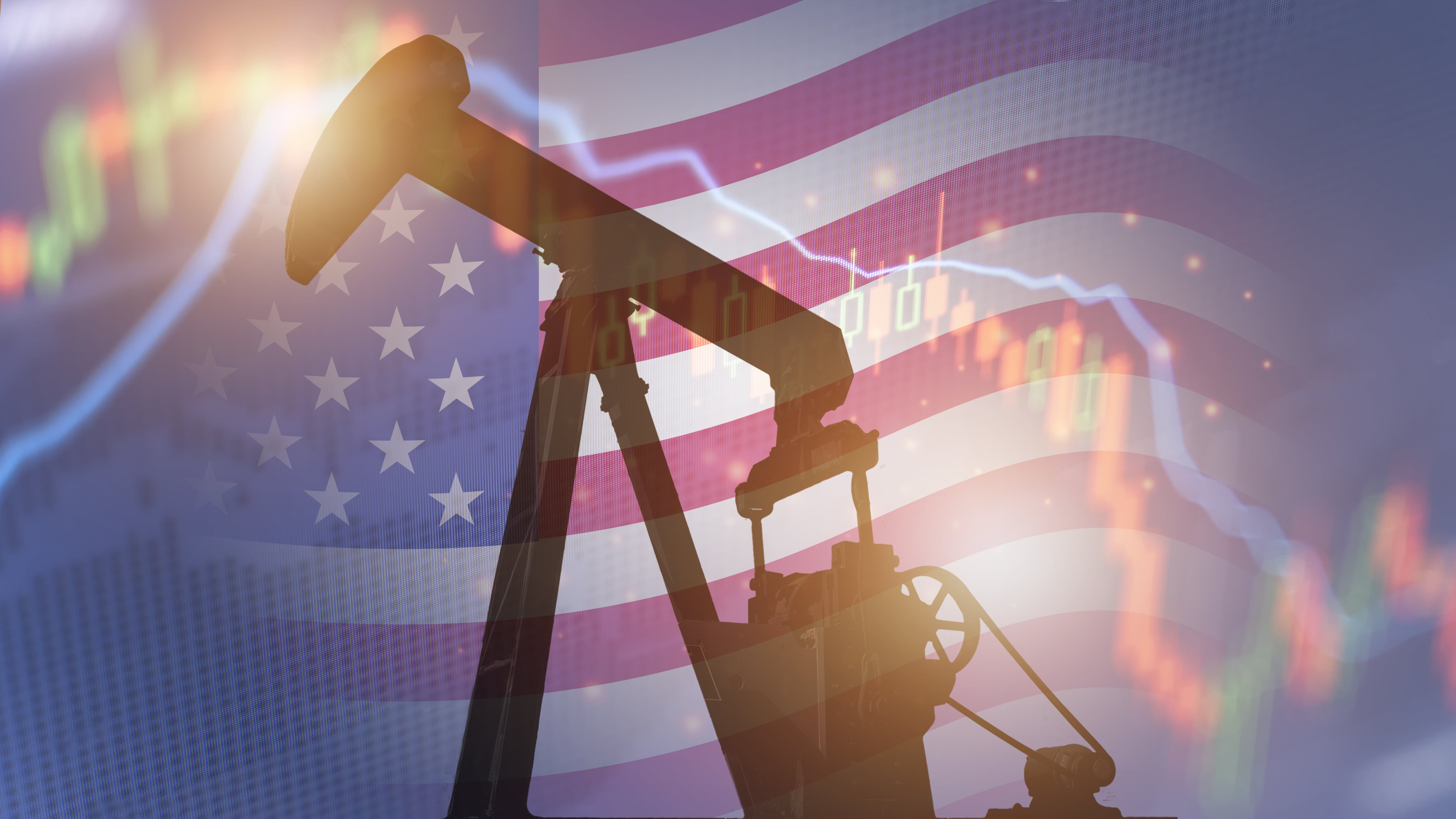 Crisis of oil prices impact to American economy stock markets financial crisis concept. Crisis crude oil market. Reducing the cost of hydrocarbons. Oil pump, drilling rig and flag of USA blackgroud.
