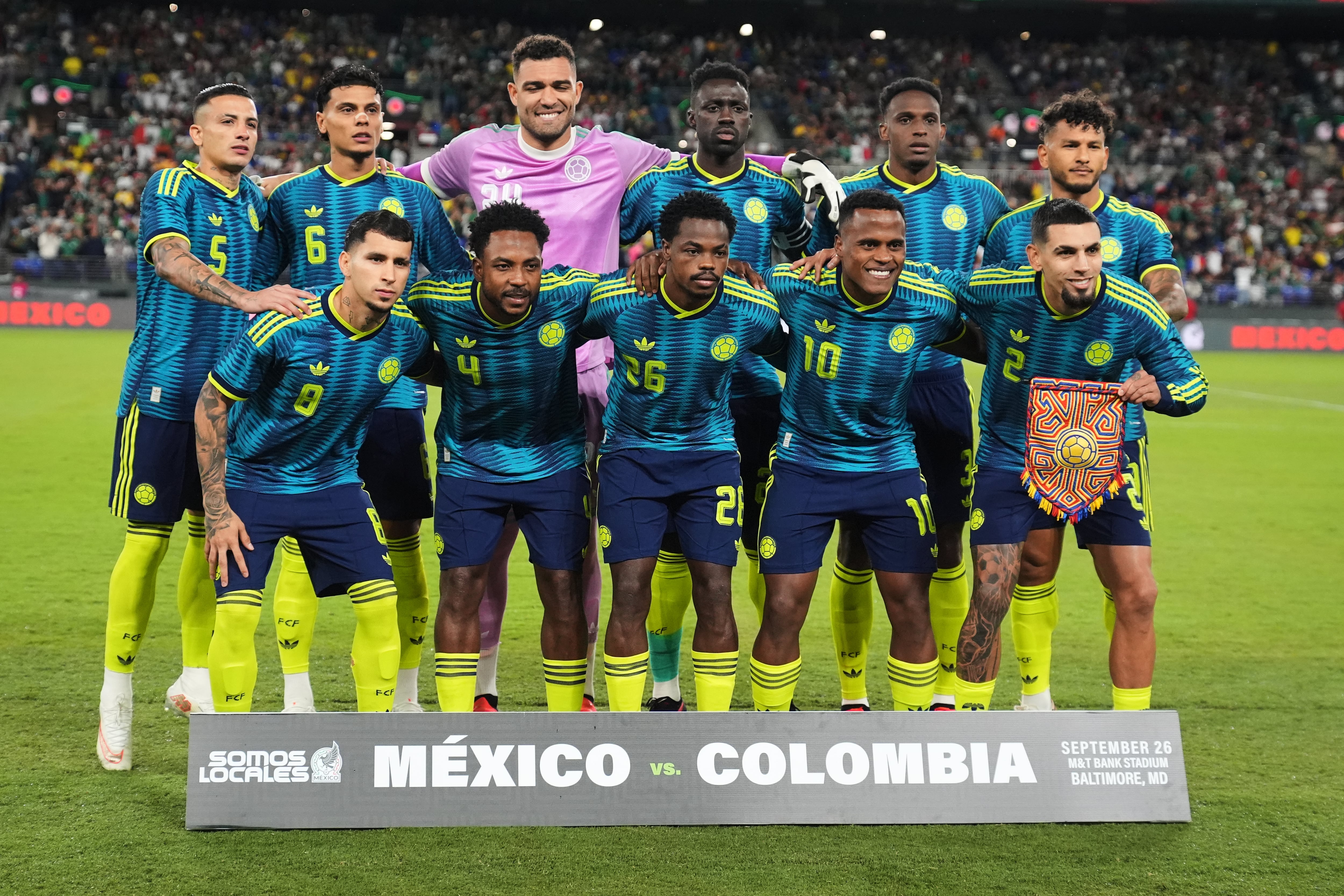 Colombia players pose for a team portrait before an international friendly soccer match against Mexico, Saturday, Sept. 26, 2026, in Baltimore. (AP Photo/Stephanie Scarbrough)