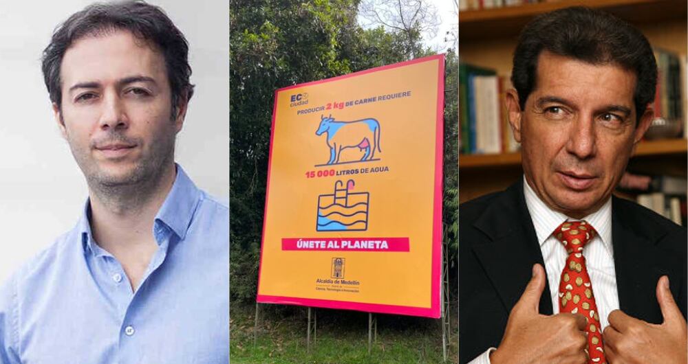 Daniel Quintero, alcalde de Medellín; valla publicitaria sobre consumo de carne; José Féliz Lafaurie, presidente de Fedegan.