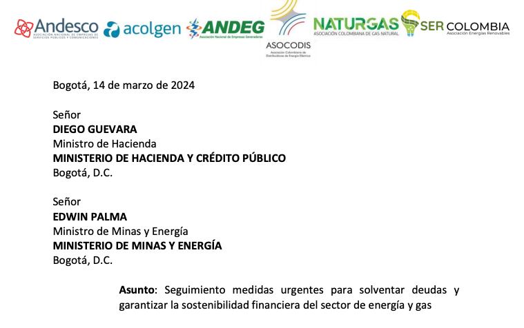 Carta gremios de energía y gas, al gobierno nacional