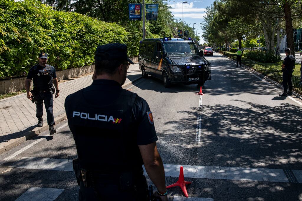 MADRID, SPAIN - JUNE 27: Police officers check cars driving near IFEMA before a NATO Summit on June 27, 2022 in Madrid, Spain. During the summit in Madrid, on June 29 NATO leaders will make the historic decision whether to increase the number of high-readiness troops above 300,000 to face the Russian threat. (Photo by Pablo Blazquez Dominguez/Getty Images)
